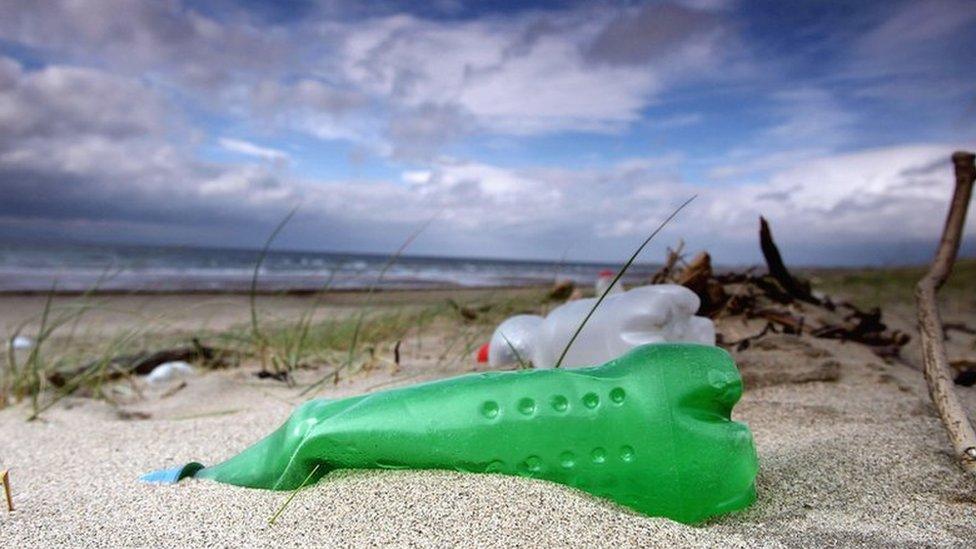 Plastic bottles in sand