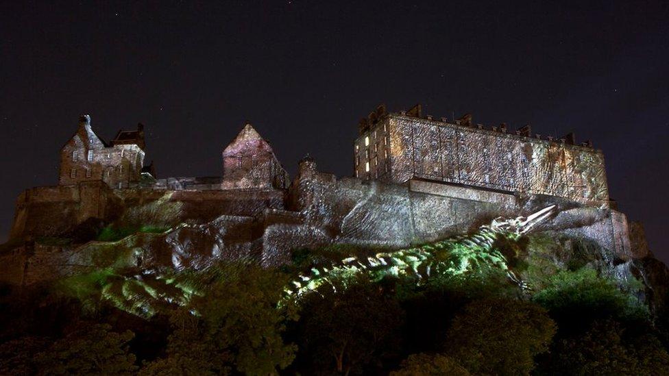 Edinburgh Castle lit up during dress rehearsal of Deep Time