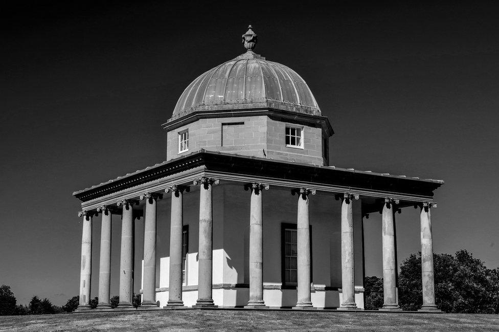 Black and white image of the temple