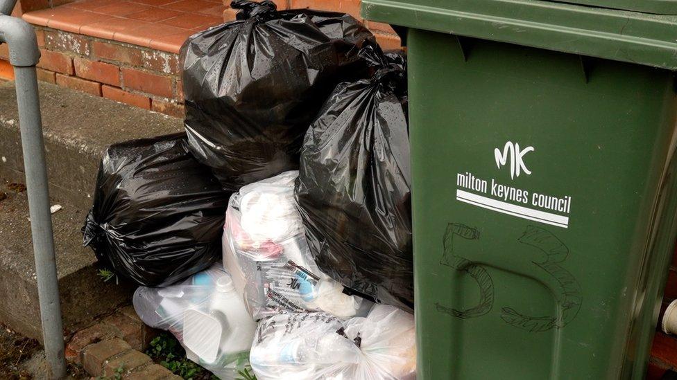 Bin bags next to a green wheelie bin