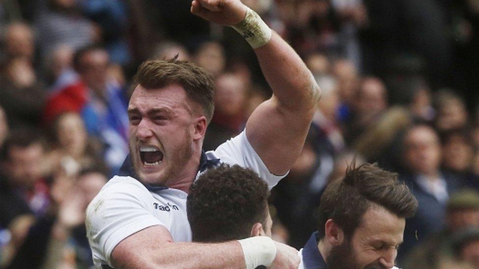 Stuart Hogg celebrates Duncan Taylor's try for Scotland