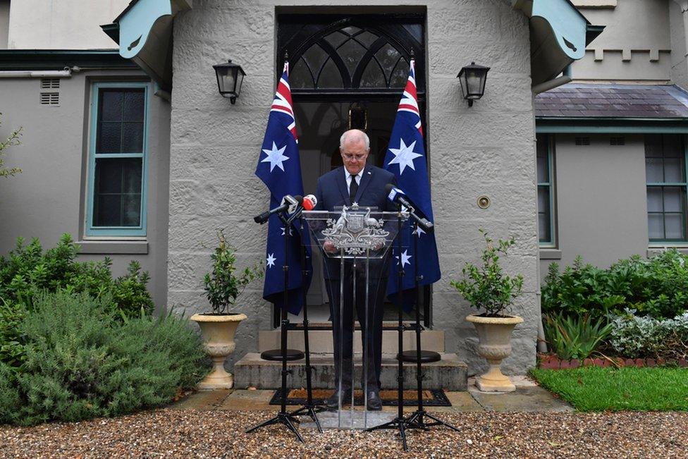 Australian Prime Minister Scott Morrison speaks to the media during a press conference following the death of Prince Philip, Duke of Edinburgh at Kirribilli House in Sydney, Australia, 10 April 2021.