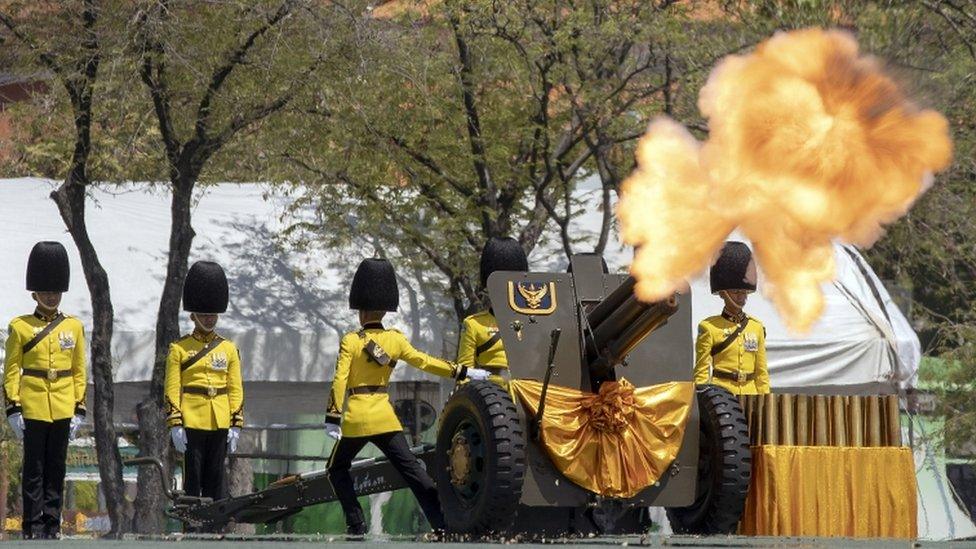 Thai royal guards fire an artillery gun salute during the coronation ceremony of Thai King Maha Vajiralongkorn Bodindradebayavarangkun outside the Grand Palace in Bangkok, Thailand, 04 May 2019