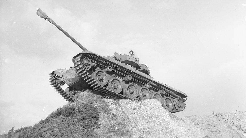 A Centurion tank perched on a rocky ridge during the Korean War