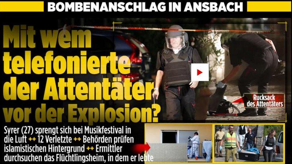 The webpage of German tabloid Bild reports on the 24 July bomb attack in Ansbach