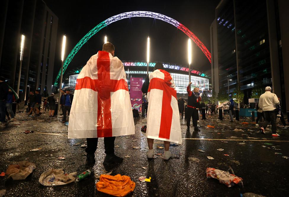 England fans outside Wembley Stadium after Italy wins the Euro 2020