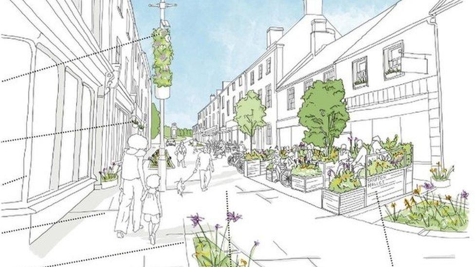 Artist's impression of pedestrianised Southern High Street in Shepton Mallet