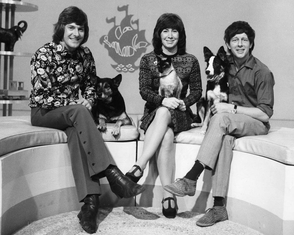 Peter Purves with Petra the dog, Valerie Singleton holding Jason, the Siamese cat and John Noakes with Shep the dog, on Blue Peter