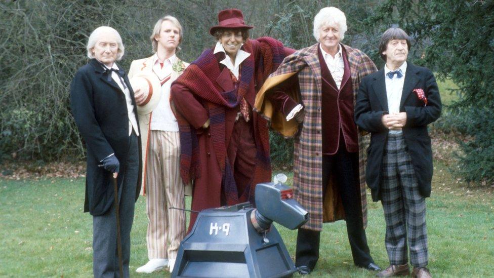 Richard Hurndall, Peter Davison, Jon Pertwee and Patrick Troughton with K-9 and a Tom Baker mannequin