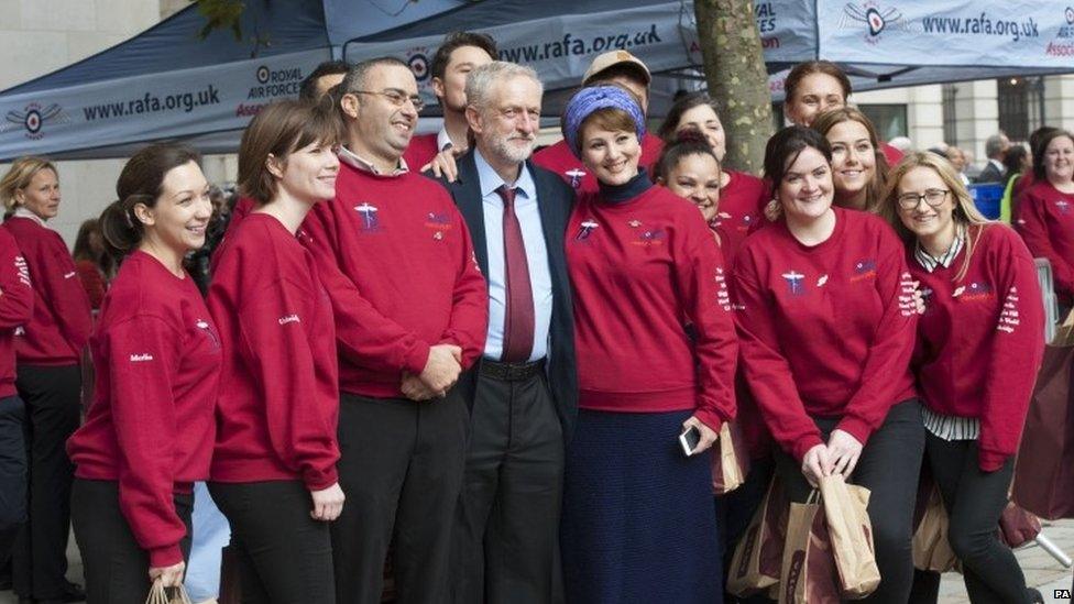 Jeremy Corbyn posing for a picture with representatives of the Royal Air Forces Association