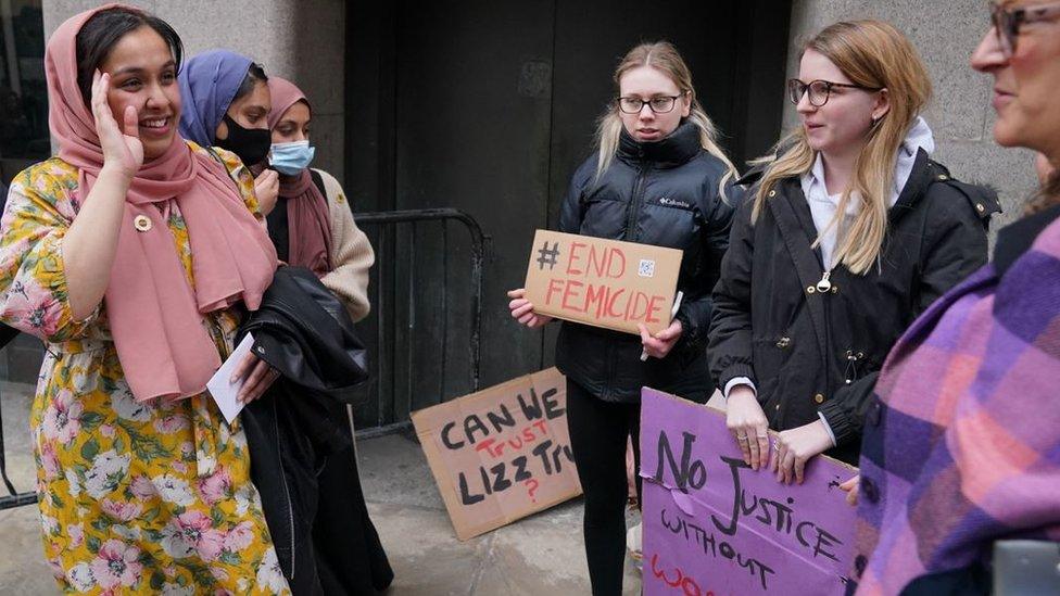 The sister of Sabina Nessa, Jebina Yasmin Islam (left) and family members with supporters outside the Old Bailey