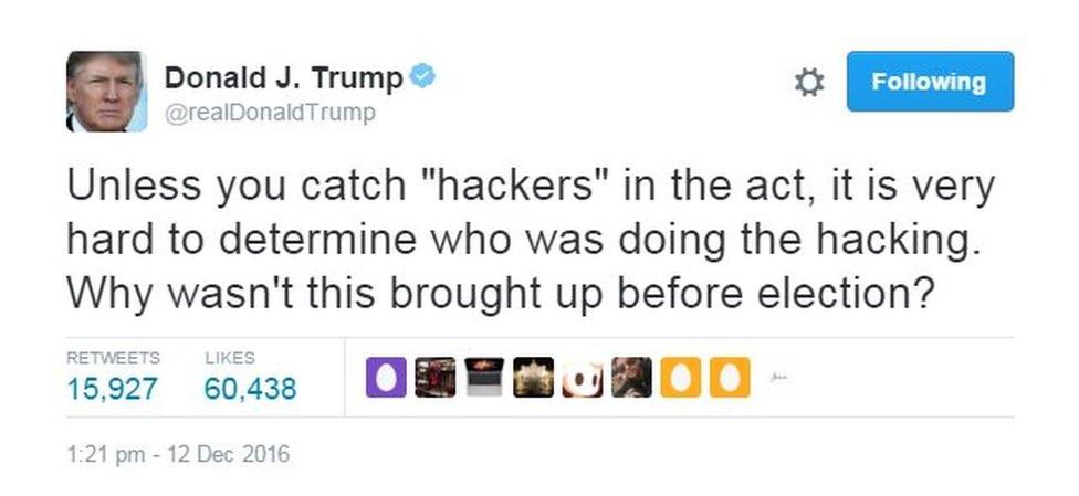 Donald Trump tweet: Unless you can catch "hackers" in the act, it is very hard to determine who was doing the hacking. Why wasn't this brought up before the election?