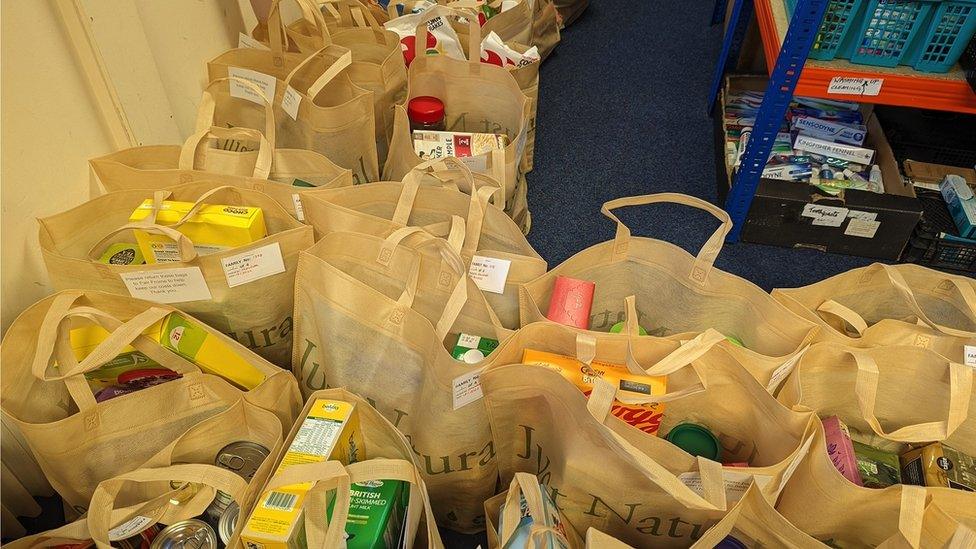 Bags filled with food at food bank