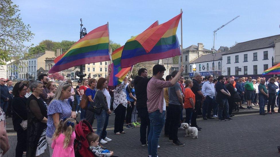 Pride flags being flown during silence in Newry