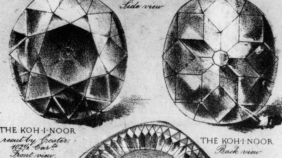 circa 1860: The Koh-i-Noor and Regent or Pitt diamonds seen from different angles.