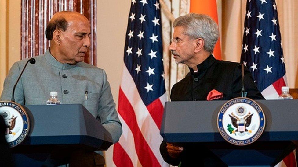 Indian Defense Minister Rajnath Singh (L)and Foreign Minister Subrahmanyam Jaishankar participate in a press conference at the State Department in Washington, DC on December 18, 2019.