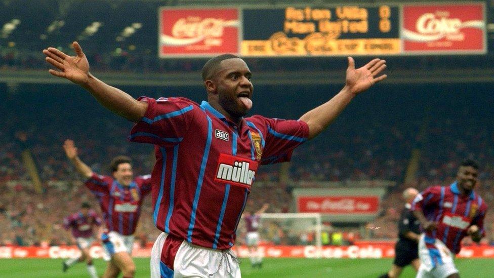 Dalian Atkinson celebrates scoring for Aston Villa against Manchester United in the 1994 League Cup final