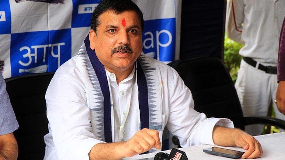 Rajya Sabha MP and Aam Aadmi Party Rajasthan In-charge Sanjay Singh address the media person during the press conference in Jaipur, Rajasthan, India on 15 July 15 2020