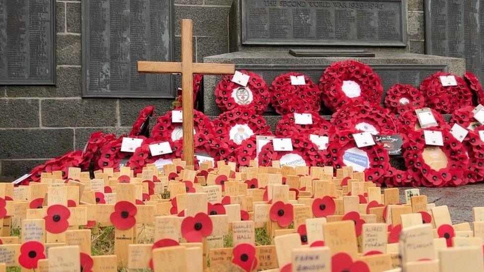 Wreaths and other tributes at the Cenotaph in Guernsey