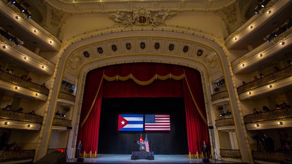 U.S. President Barack Obama waves to the crowd before he delivers his speech at the Grand Theater of Havana, Tuesday, March 22, 2016. Obama who is in Cuba in a trailblazing trip said he came to Cuba to "bury the last remnant of the Cold War in the Americas." (AP Photo/Desmond Boyland)