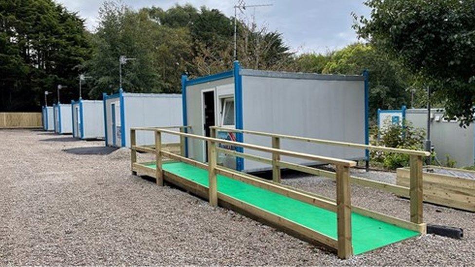 Cabins outside New County Hall, Truro