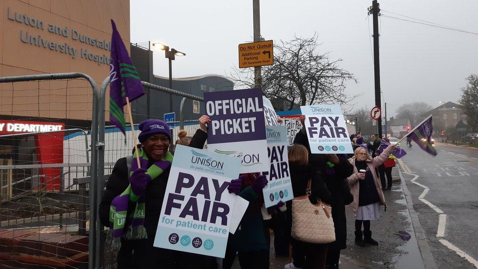 Striking hospital staff picketing Luton & Dunstable hospital