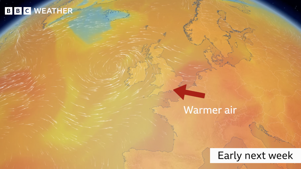 Graphic showing the air mass across western Europe. Arrow showing warmer air heading to the UK.