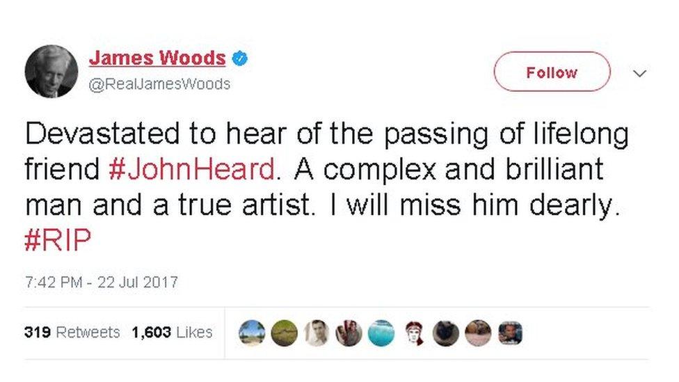James Woods tweet: "Devastated to hear of the passing of lifelong friend John Heard. A complex and brilliant man and a true artist. I will miss him dearly."