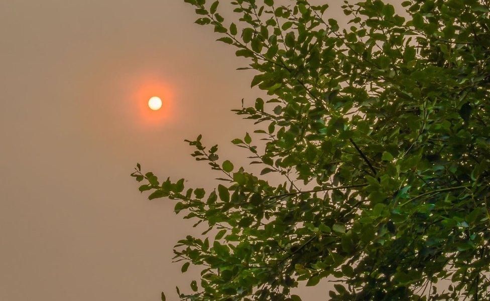 Red sun in sky over Silkstone Common, Barnsley, South Yorkshire