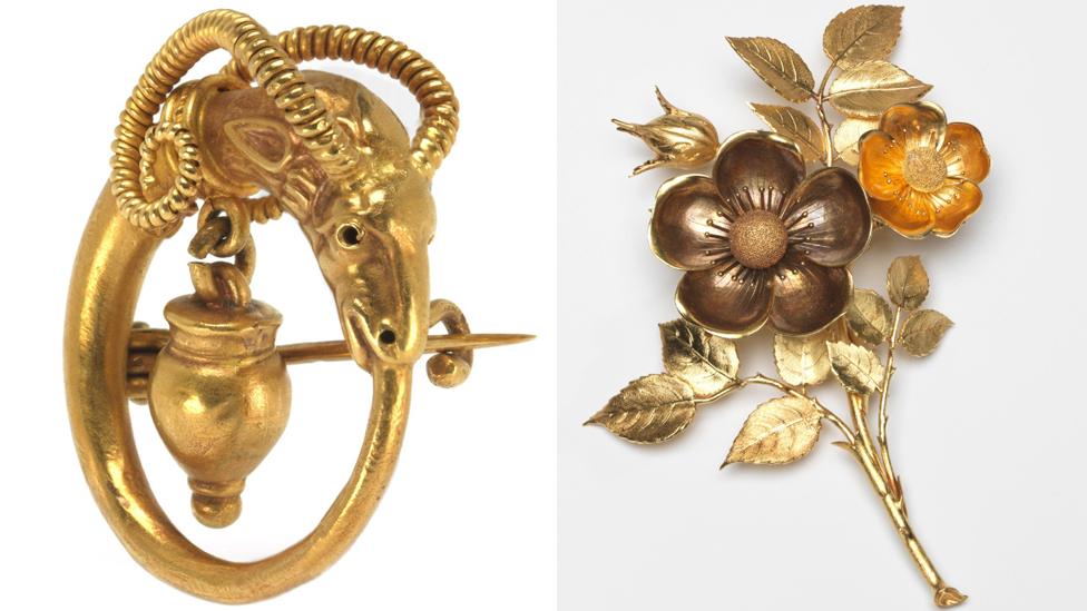 Gold brooch Castellani Rome c 1860 to 1870; Hunt & Roskell gold brooch and hair ornament c 1850