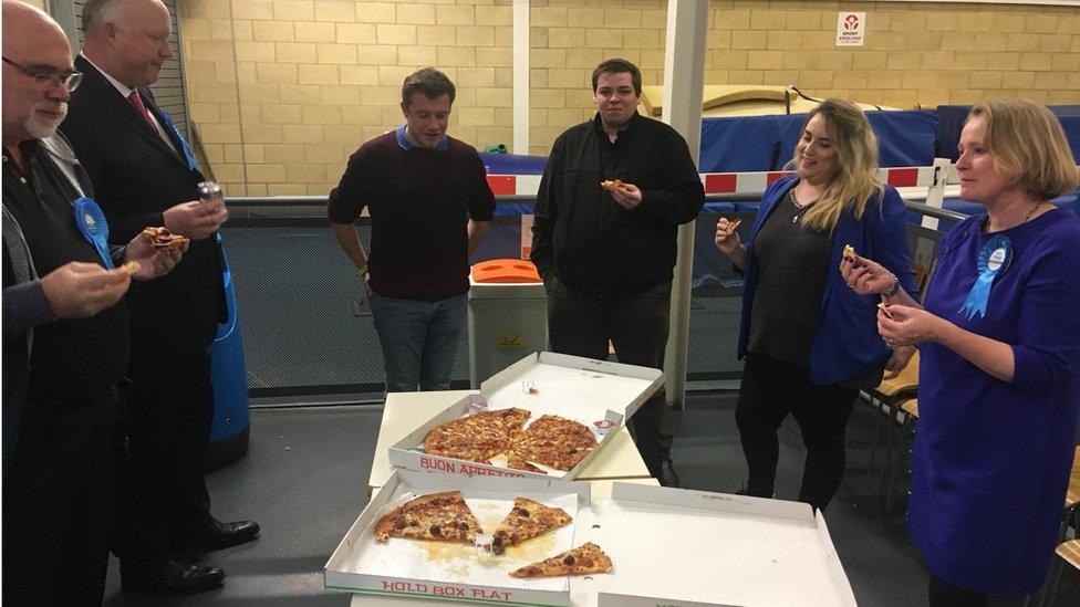 Vicky Ford and her team with pizza