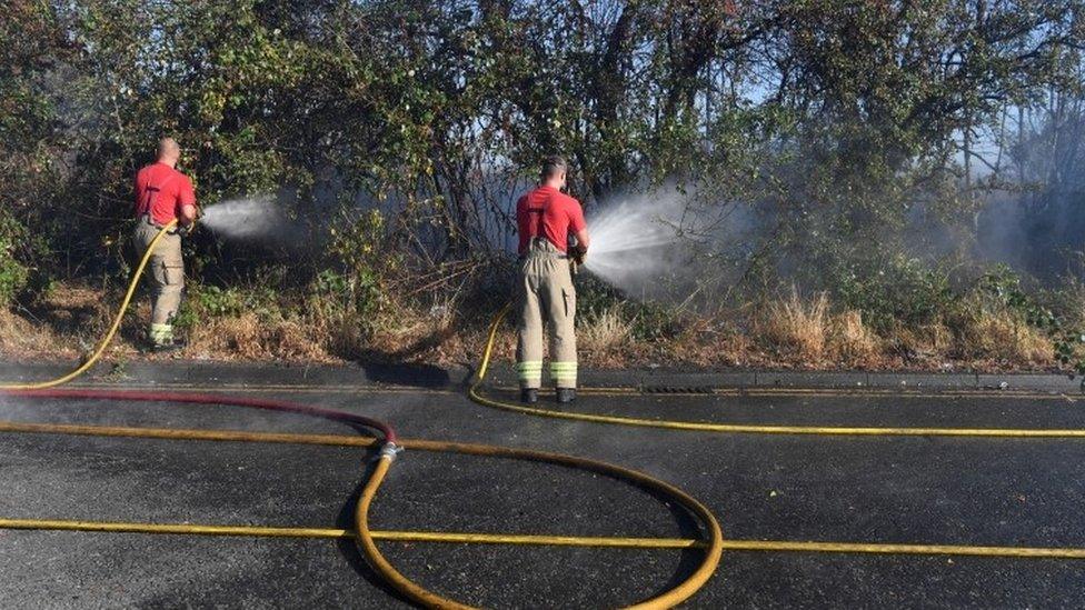 Firefighters tackle grass fire in Rainham, Essex, on 11 August