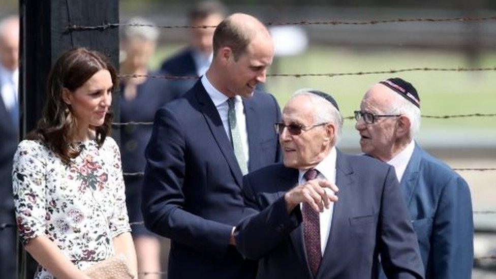 Prince William, Duke of Cambridge and Catherine, Duchess of Cambridge talk with former prisoners from the Stutthof concentration camp