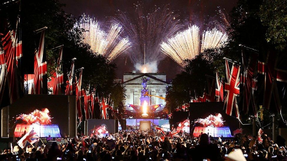 Fireworks over Buckingham Palace mark the end of The Diamond Jubilee Concert from The Mall on June 4, 2012