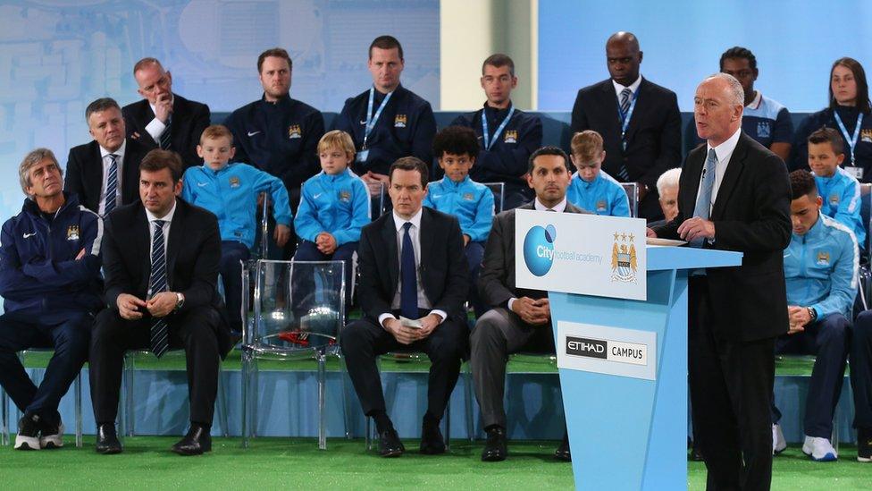 Sir Richard Leese the Leader of Manchester City Council talks during the official launch of the Manchester City Football Academy at the City Football Academy on December 8, 2014