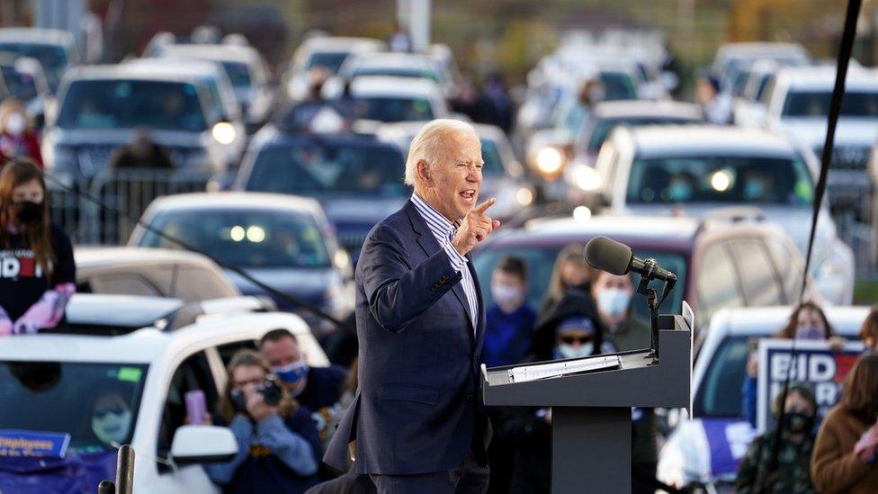 U.S. Democratic presidential candidate Joe Biden speaks during a drive-in campaign event at Dallas High School in Dallas, Pennsylvania, U.S., October 24, 2020