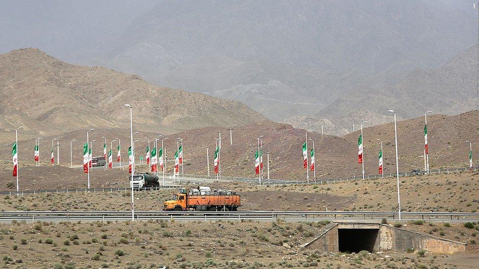 Iranian flags along a highway in Natanz (file photo)