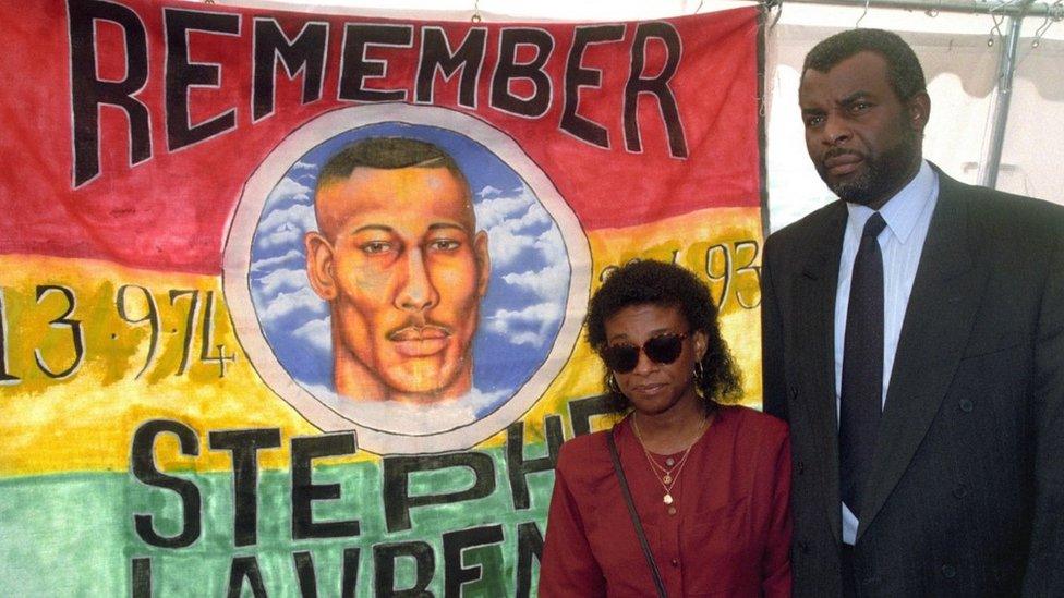 Doreen and Neville Lawrence outside Belmarsh Magistrates" Court in 1995