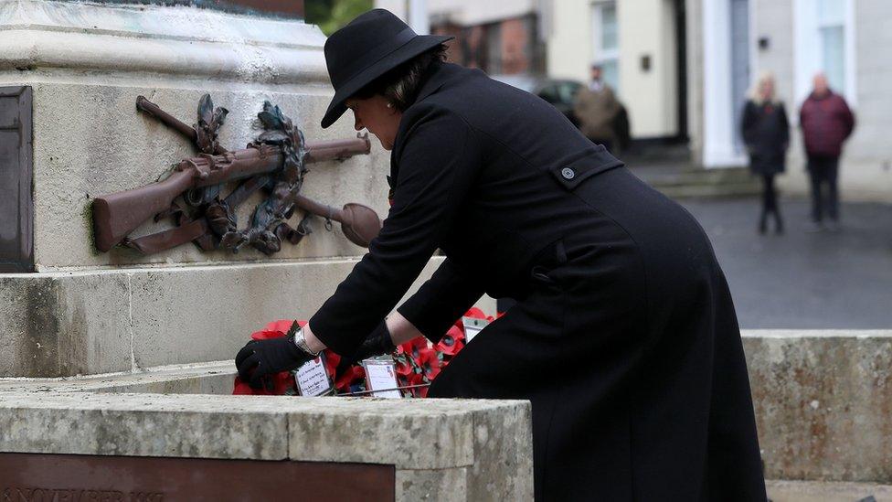 Northern Ireland First Minister Arlene Foster lays a wreath during the Remembrance Sunday service at the Cenotaph in Enniskillen.