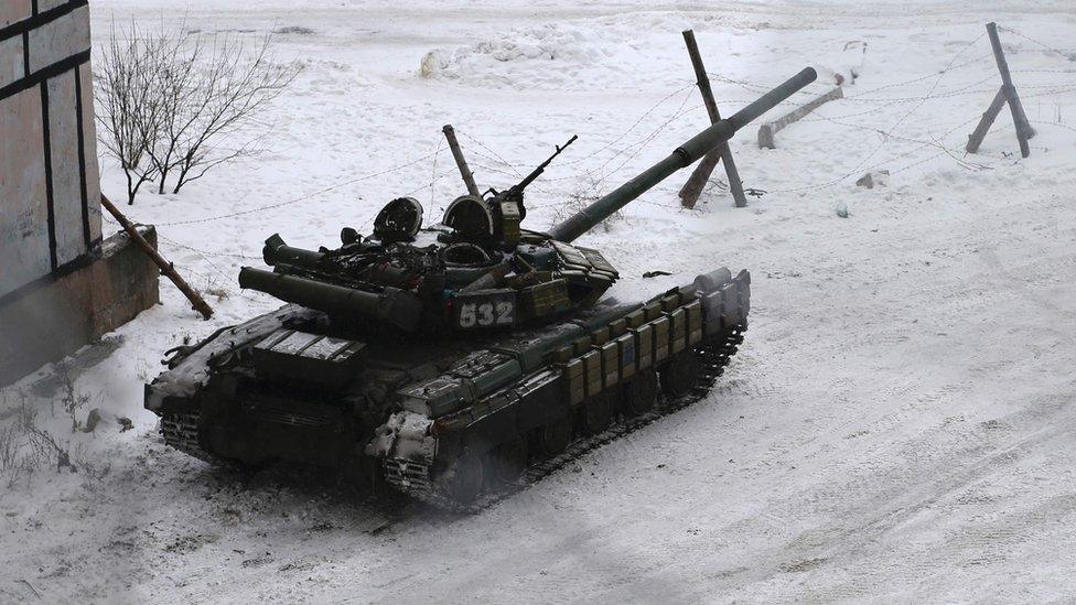 A tank belonging to Ukrainian Forces in the eastern town of Avdiivka, north of the pro-Russian rebels' de facto capital of Donetsk, 2 February 2017