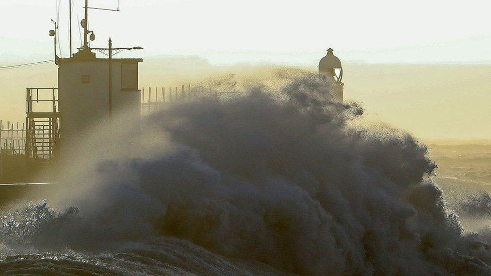 Waves batter the coast of South Wales