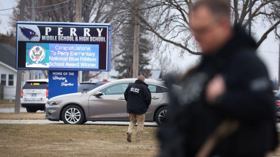 Police respond to a school shooting at the Perry Middle School and High School complex on January 04, 2024 in Perry, Iowa.