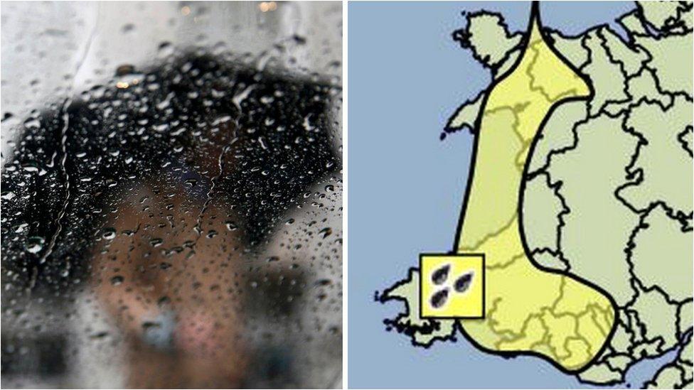 Person carrying an umbrella in rain, and map of weather warning areas in Wales on Saturday, 19 December, 2015