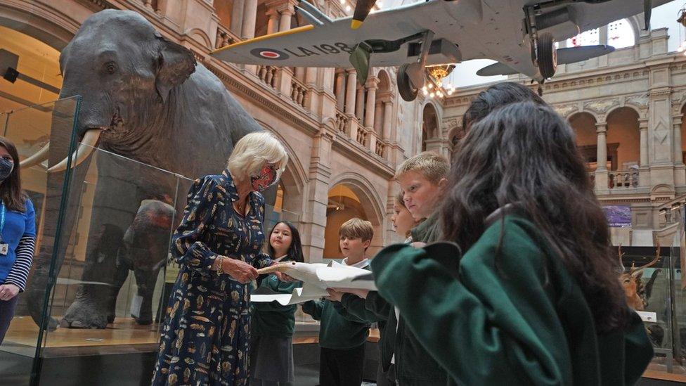 The Duchess of Cornwall Talks to school children as they hold a model of an albatross