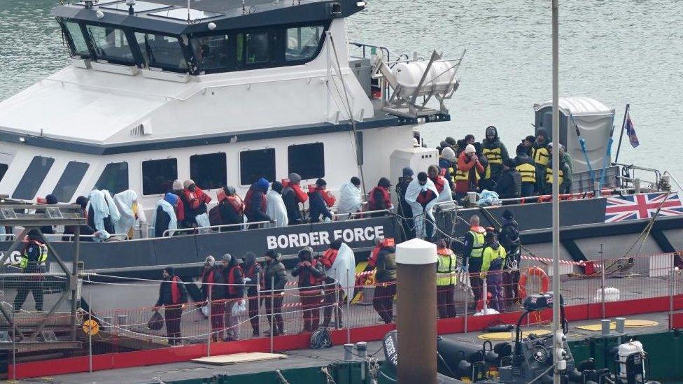 A group of people thought to be migrants are brought in to Dover, Kent, onboard a Border Force vessel