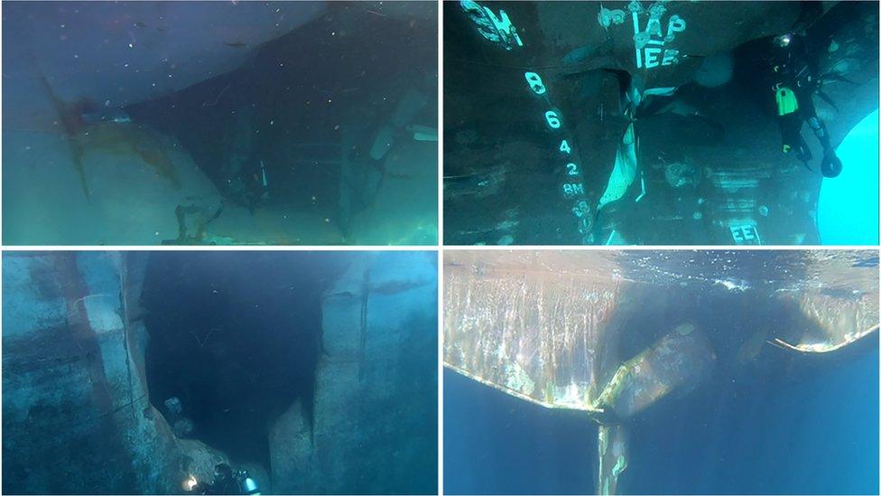 A combination of undated photographs provided on 6 June 2019 by the United Arab Emirates mission to the United Nations show underwater damage to the (clockwise from top left) Saudi tanker Amjad, Saudi tanker Al Marzoqah, Norwegian tanker Andrea Victory and Emirati tanker A Michel in the Port of Fujairah