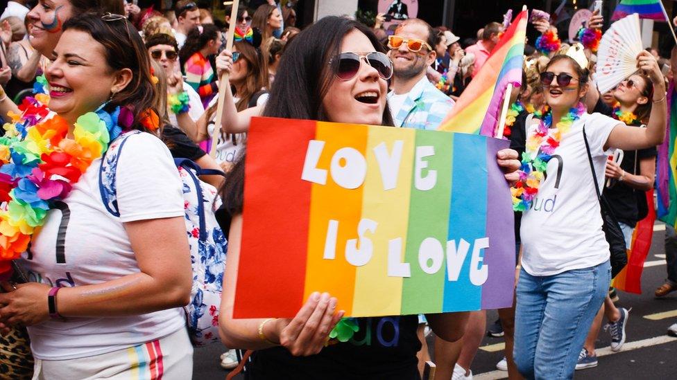 Members and supporters of the LGBT community take part in the 2019 Pride parade in London