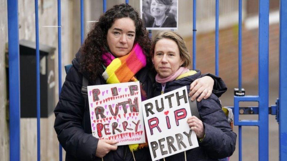 Ellen (left) and Liz (surnames not given) outside the gates to John Rankin Schools in Newbury, Berkshire