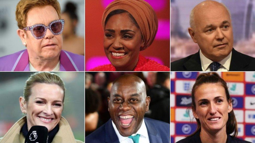 (Clockwise from top left) Elton John, Nadiya Hussain, Iain Duncan Smith, Jill Scott, Ainsley Harriot, Gabby Logan