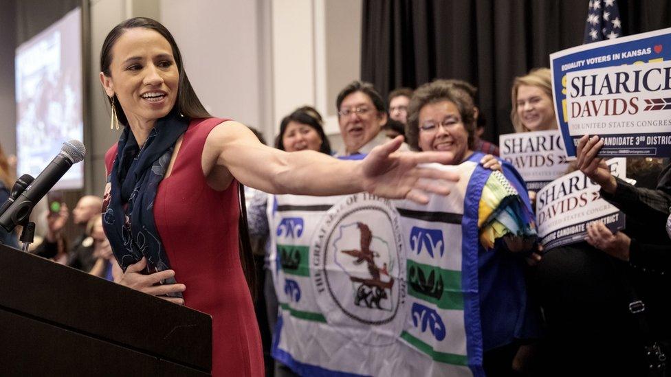 Democratic candidate for Kansas' 3rd Congressional District Sharice Davids speaks to supporters